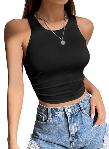LOLONG Crop Tank Tops for Women Summer Basic Racerback Ribbed Knit Sleeveless Casual Solid Shirts A-Black | Amazon (US)
