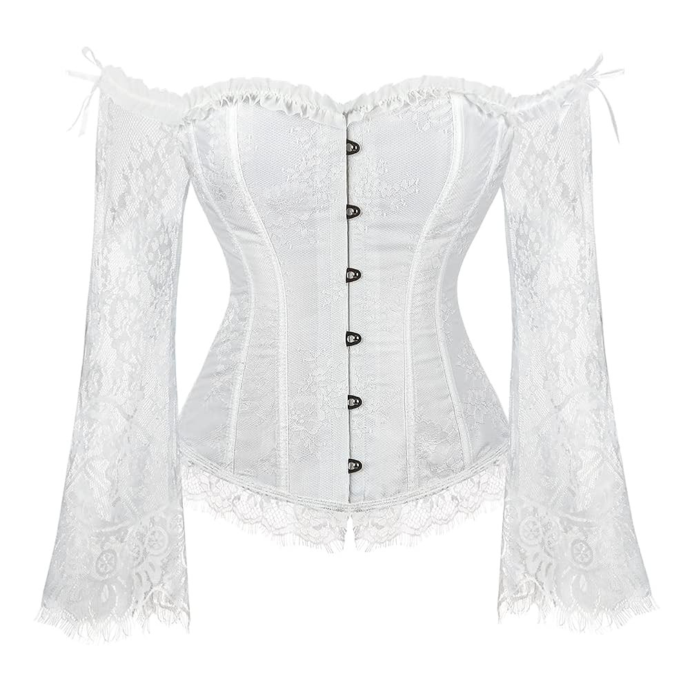 SZIVYSHI Women's Overbust Lace up Back Corset with Shoulder Sleeve,White,S(Waist:62cm) | Amazon (US)