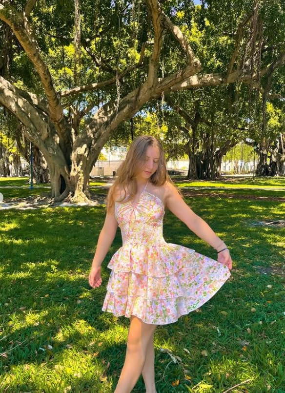 Mebius Womens Floral Mini Dress Summer Criss Cross Halter Backless Preppy Smocked Waist Short Ruf... | Amazon (US)