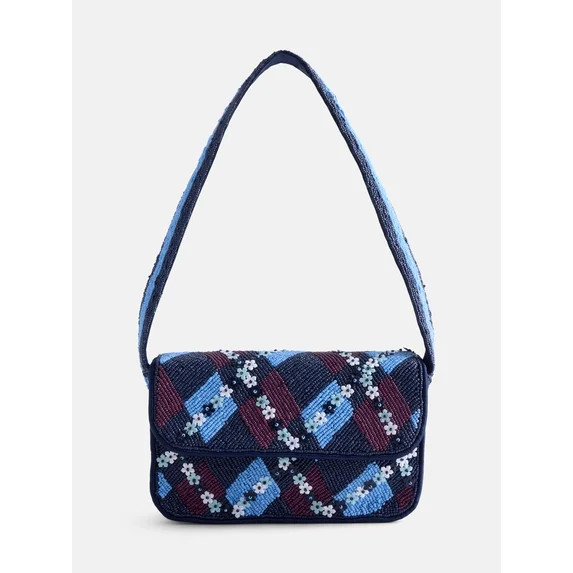 Free Assembly Women's Beaded Argyle Flap Shoulder Bag, Blue | Walmart (US)