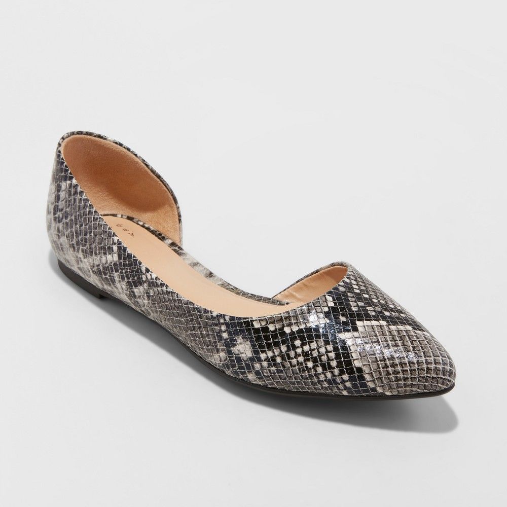 Women's Mohana D'orsay Snake Print Pointed Toe Ballet Flats - A New Day Gray 12, Size: Small | Target