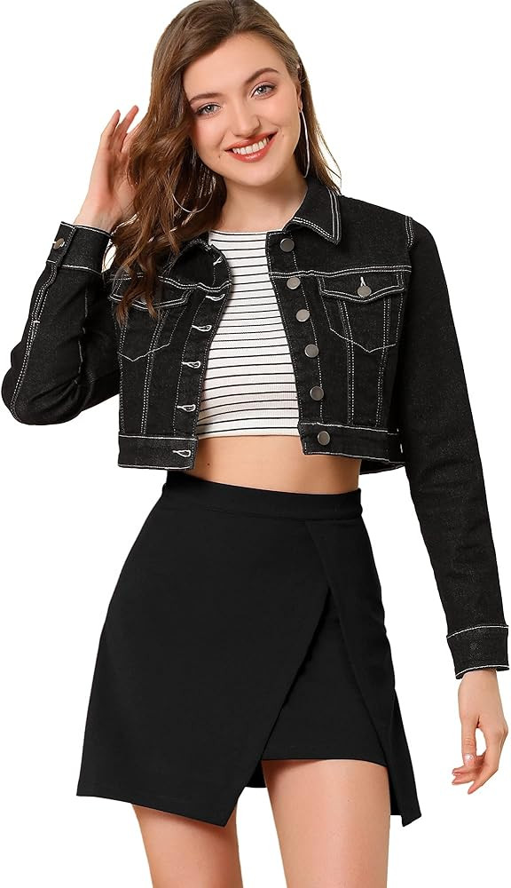 Allegra K Women's Denim Jackets 2025 Casual Button Down Long Sleeves Crop Jean Jacket | Amazon (US)