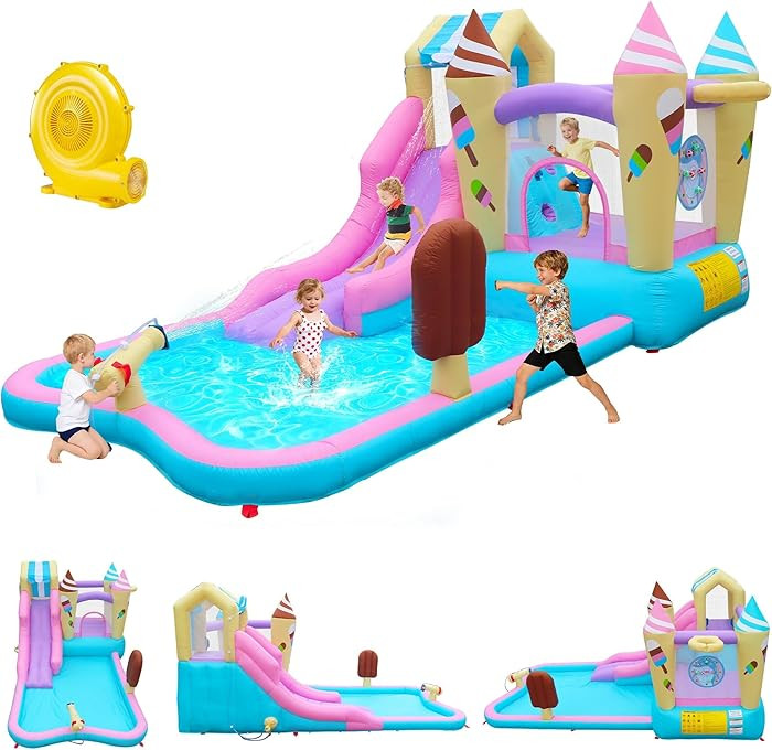 Inflatable Water Slide Bounce House, 8-in-1 Water Park with Water Cannon, Climbing Wall, Basketba... | Amazon (US)