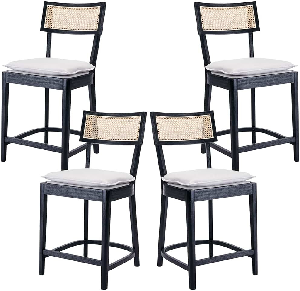 ZH4YOU Rattan Counter Height Bar Stools Set of 4, 26'' Modern Counter Stools with Cane Back, Mid Century Bar Chairs for Kitchen Counter/Home Bar/Restaurant, Black | Amazon (US)