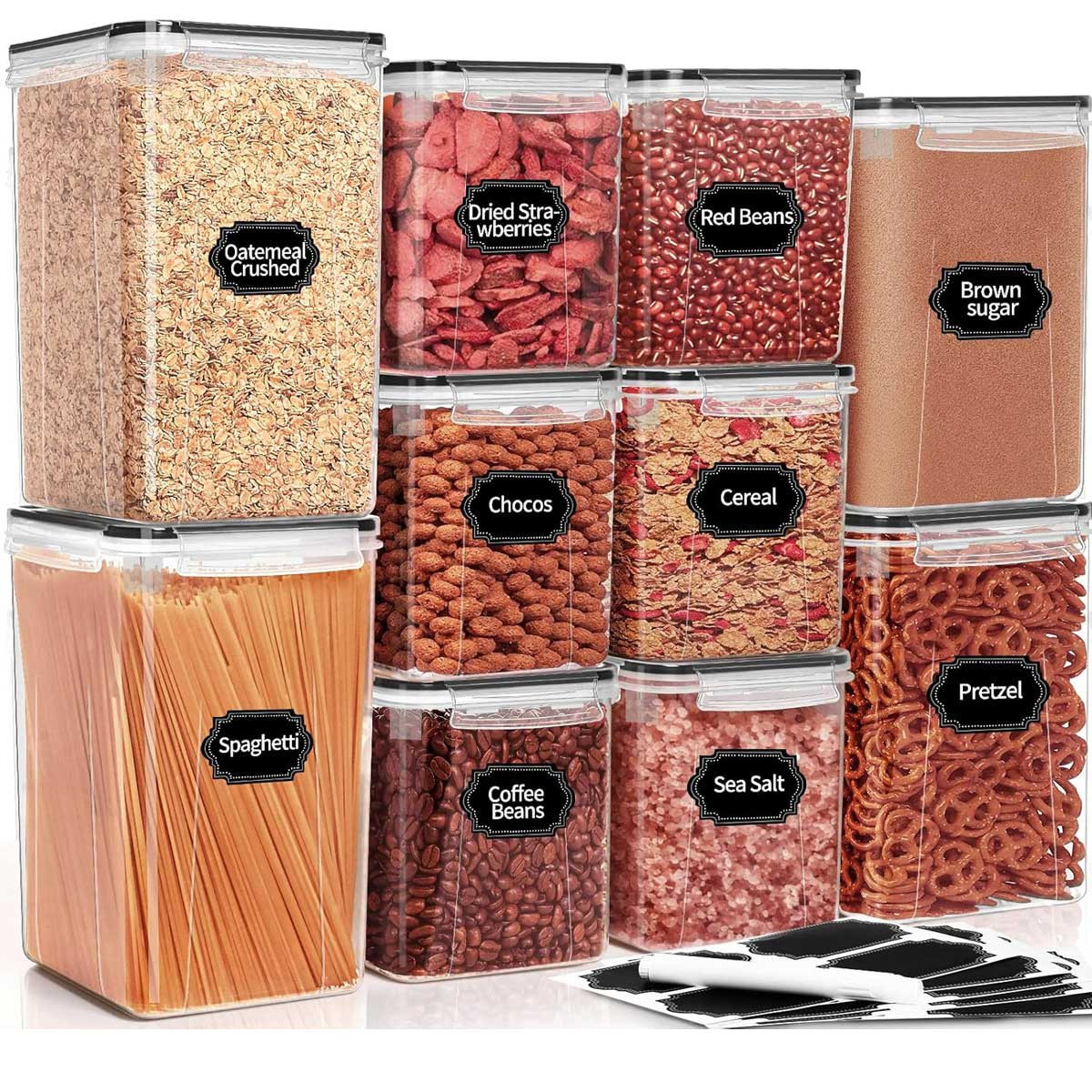 Aoibox 10 Piece Airtight Food Storage Container Set Plastic Cereal Flour Sugar Pantry Organizer Extra Large 6.5L Large 5.2L Medium Stackable in Black | Lowe's