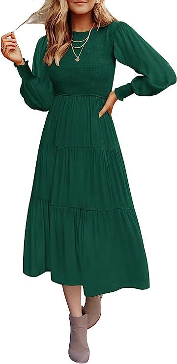 ZESICA Women's Casual Long Sleeve Crew Neck High Waist Smocked Flowy Tiered Midi Dress | Amazon (US)