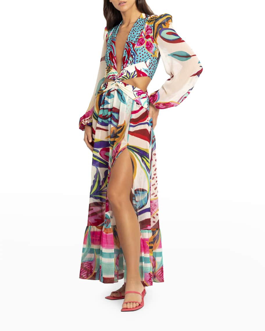 PatBO Floral Chiffon Plunge Maxi Dress | Neiman Marcus