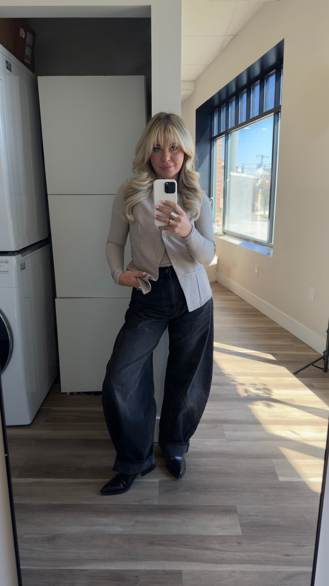 Smoothies long sleeve shirt from aerie size medium 
Taupe vest Amazon size medium 
Dark grey barrel size 6
Black boots size 7

#LTKWorkwear #LTKmomlife #LTKootd