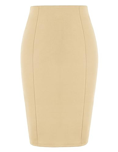 Kate Kasin Beige Pencil Skirts Knee Length Midi Elastic High Waist Bodycon Skirt for Casual Work Business Office | Amazon (US)