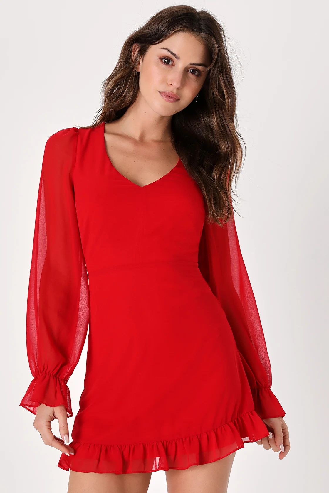 Sheer Attraction Red Long Sleeve Ruffled Mini Dress | Lulus (US)