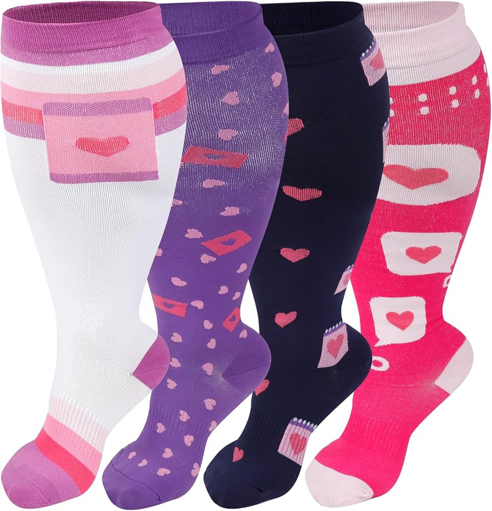BSERA 4 Pairs Plus Size Compression Socks for Women Men Wide Calf 20-30 mmHg Knee High Support St... | Amazon (US)