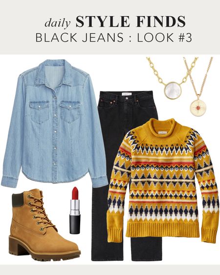How to style black jeans: with a LL Bean Yellow sweater and Timberland hiking boots.  #fallhikingstyle #fallstyle #fallboots #timberland #llbean #fallsweaters 

#LTKsalealert #LTKSale #LTKstyletip