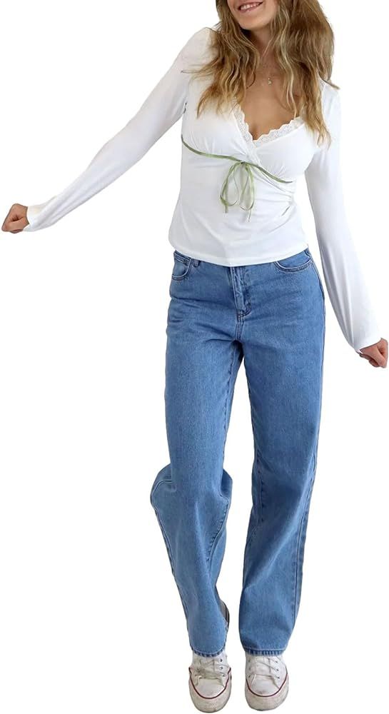 Pivanzore Women Y2K Long Sleeve Lace Trim Top Casual Neckline Tie Up Slim Fit T-Shirt Cute V Neck... | Amazon (US)