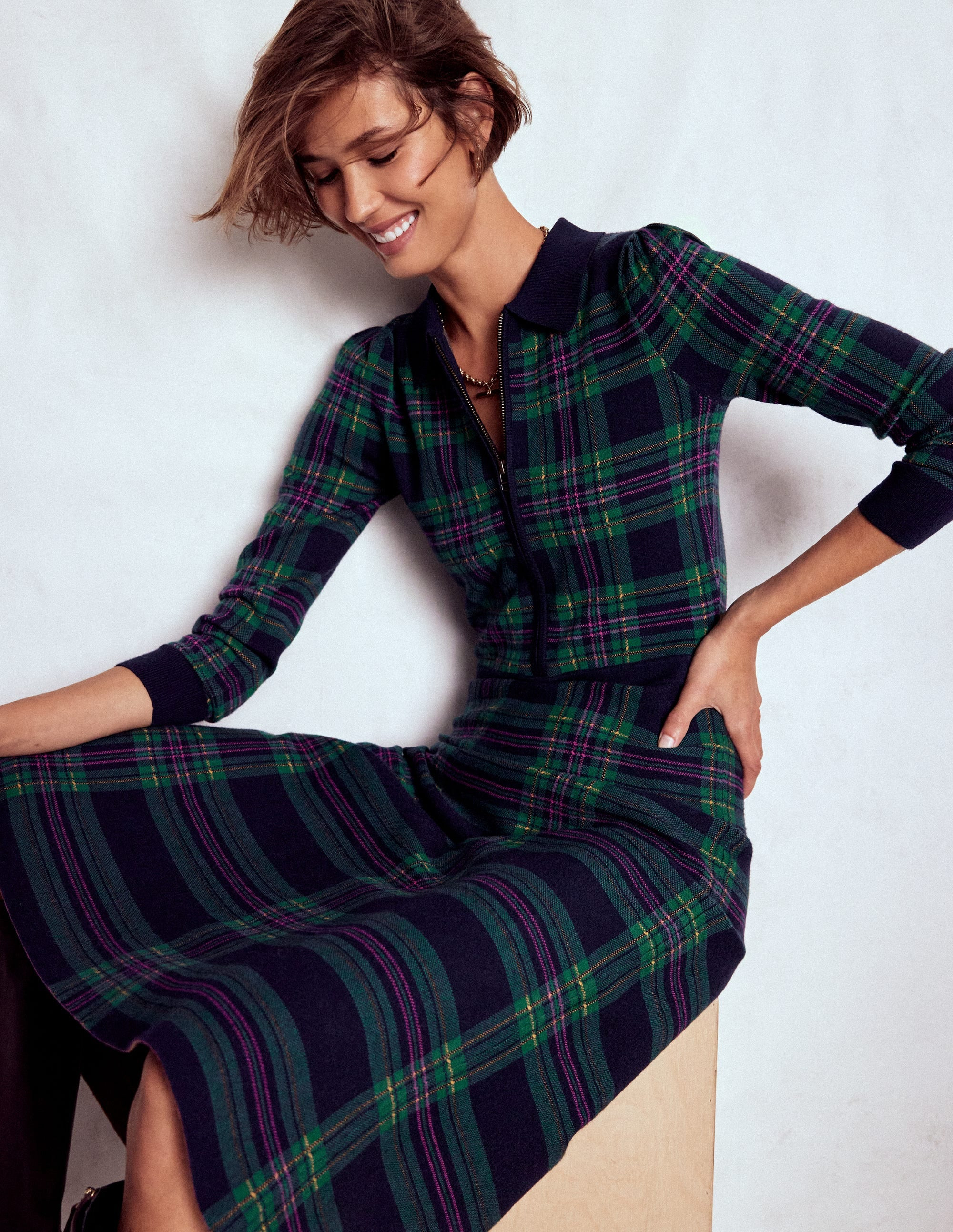 Fiona Zip Front Knitted Dress-Green Check | Boden UK