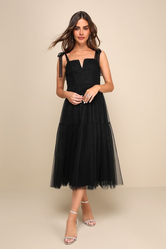 Twinkling Star Black Glitter Tulle Tie-Strap Midi Dress | Lulus
