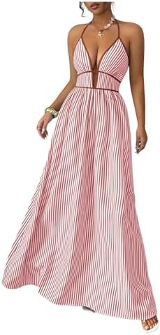 Floerns Women's Striped Halter Maxi Dress Backless Smocked Beach Vacation Boho Dress | Amazon (US)