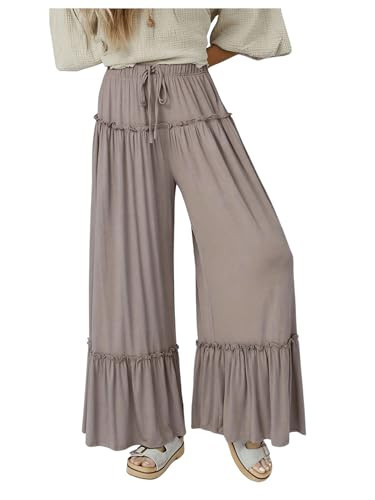 OYOANGLE Women's Boho Elastic Drawstring Waist Ruffle Long Pants Casual Straight Leg Vacation Trousers Dusty Purple X-Large | Amazon (US)