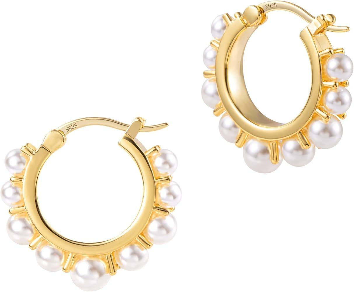 925 Sterling Silver Pearl Hoop Earrings for Women, Hypoallergenic 18K Gold Plated Dainty Lightwei... | Amazon (US)