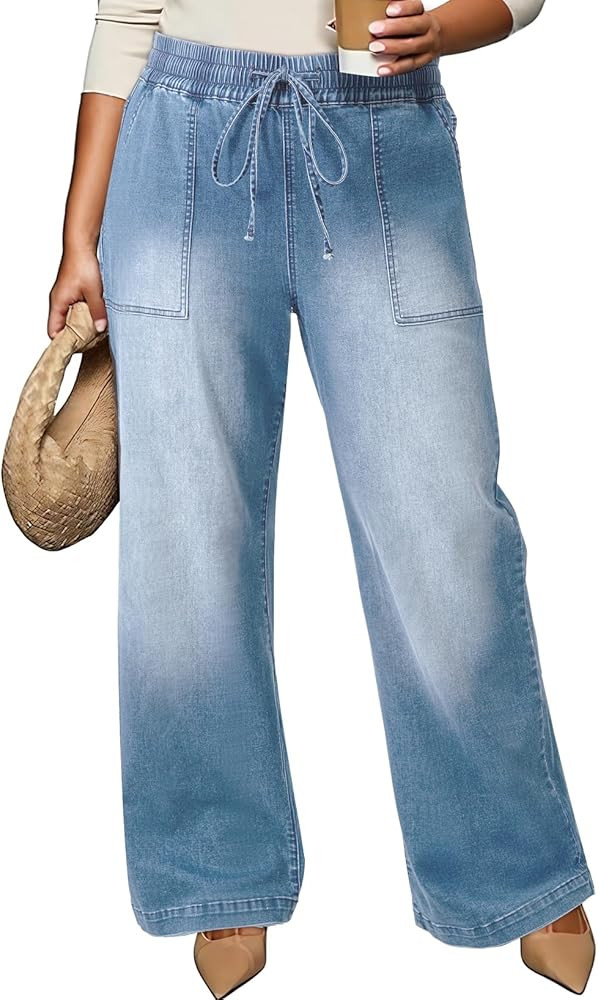 Eytino Plus Size Jeans for Women High Waisted Straight Leg Jeans Casual Stretchy Baggy Wide Leg D... | Amazon (US)