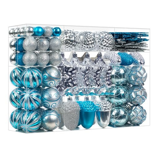 MERRYHEART Light Blue and Silver Christmas Ornaments Set, Assorted 110Pcs Balls Ornaments for Xmas Tree, Shatterproof Plastic Baubles Hanging Decorations for Holiday/Party/Wedding | Amazon (US)