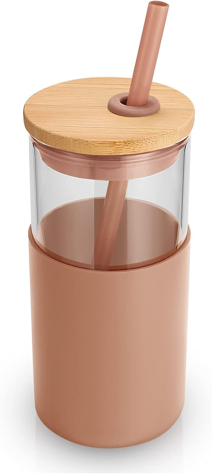 Amazon.com: tronco 16oz Glass Tumbler Straw Silicone Protective Sleeve Bamboo Lid - BPA Free : Ho... | Amazon (US)