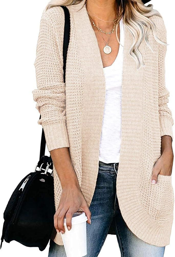 MEROKEETY Womens Long Sleeve Open Front Cardigans Chunky Knit Draped Sweaters Outwear with Pocket... | Amazon (US)