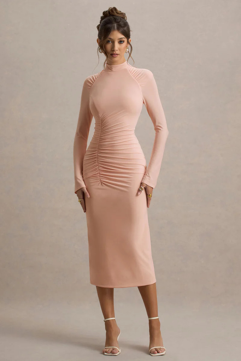 Cassandra  Pink High-Neck Long-Sleeve Midi Dress | Club L London