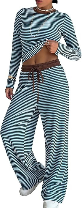 EXLURA Women Cotton Fall 2 Piece Stripe Crop Top Matching Wide Leg Pant Set | Amazon (US)