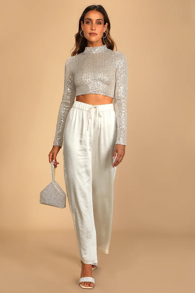 Dazzling Beauty Silver Sequin Long Sleeve Mock Neck Crop Top | Lulus (US)