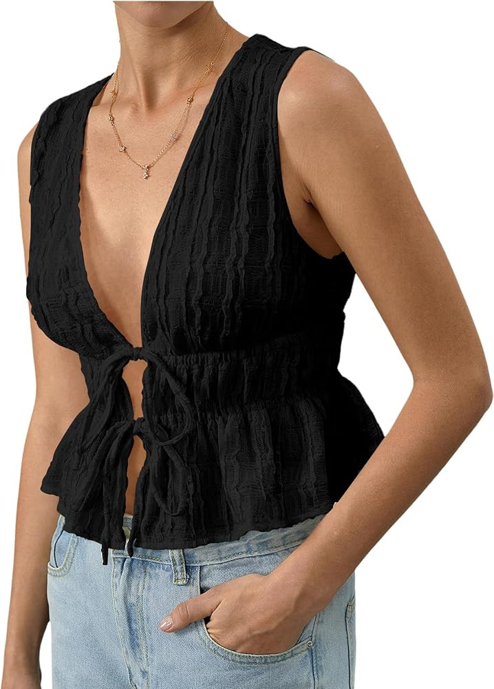 MakeMeChic Women's Tie Front Tank Top Sleeveless Ruffle Hem Crop Going Out Tops | Amazon (US)