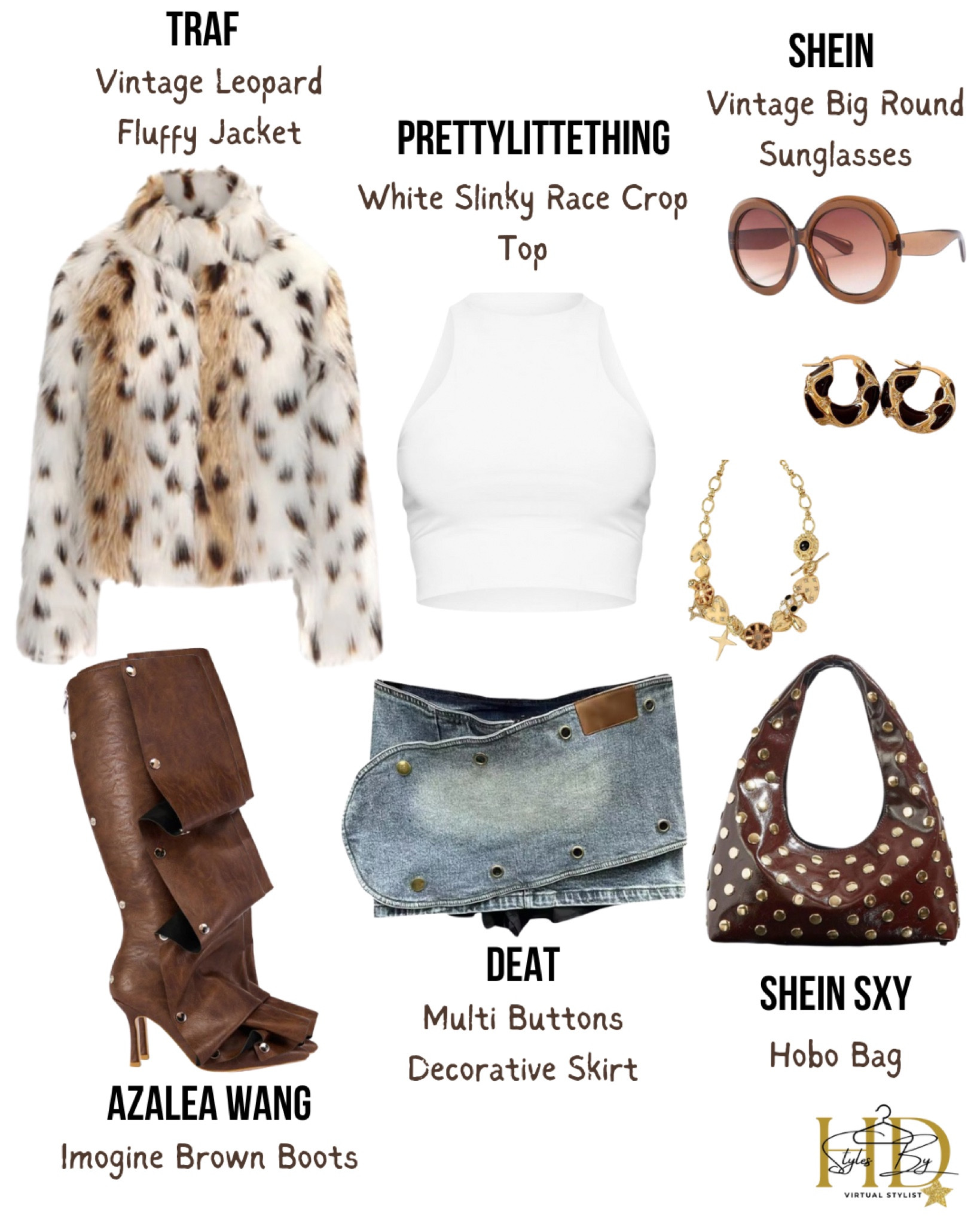 Channeling vintage glam with an edgy twist! 🐆✨ This bold look is all about blending statement pieces like the leopard fluffy jacket and unique denim skirt with accessories that scream retro chic.