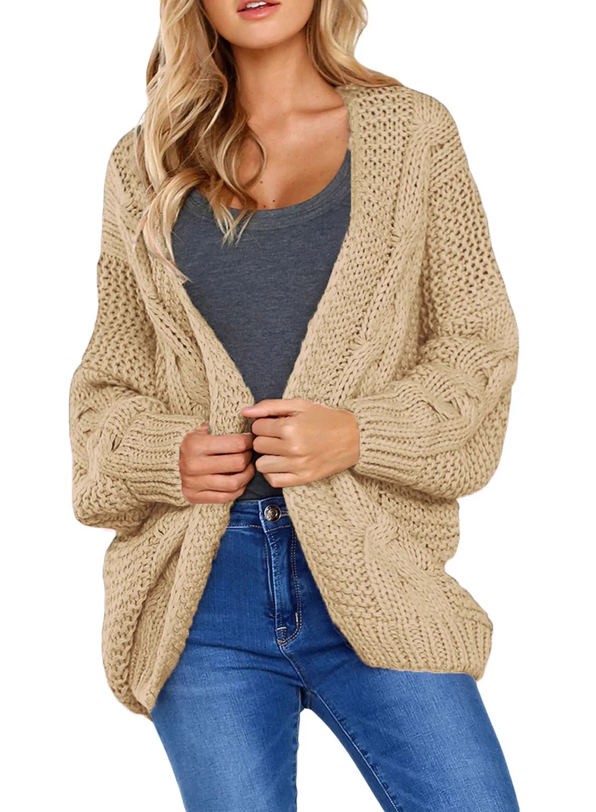 SHEWIN Womens Open Front Cardigans Sweater Beige Chunky Cable Knit Sweaters for Women Long Sleeve... | Walmart (US)