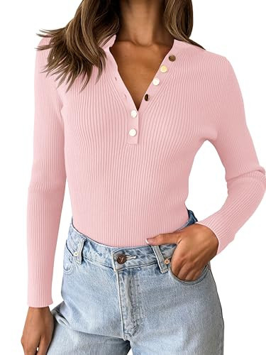 ZESICA Women's 2024 Long Sleeve Button Down V Neck Slim Fitted T Shirts Fall Casual Ribbed Knit Basic Tee Tops,Pink,Small | Amazon (US)