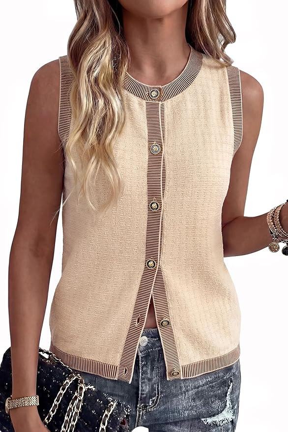 Arach&Cloz Women's 100% Cotton Crewneck Business Casual Contrast Trim Button Front Sweater Vests ... | Amazon (US)