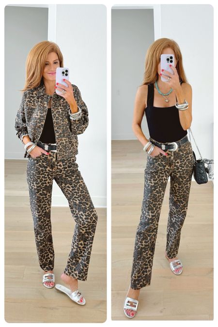 Matching leopard set! Love this jean jacket & straight leg jeans. Together like this or wear the jacket with a black denim skirt or jeans. The jeans would be fun with a white button down too. Wearing xxs in the pants, they run big! Xs in the jacket. Fendi slides run true 

#LTKFindsUnder100 #LTKStyleTip #LTKShoeCrush