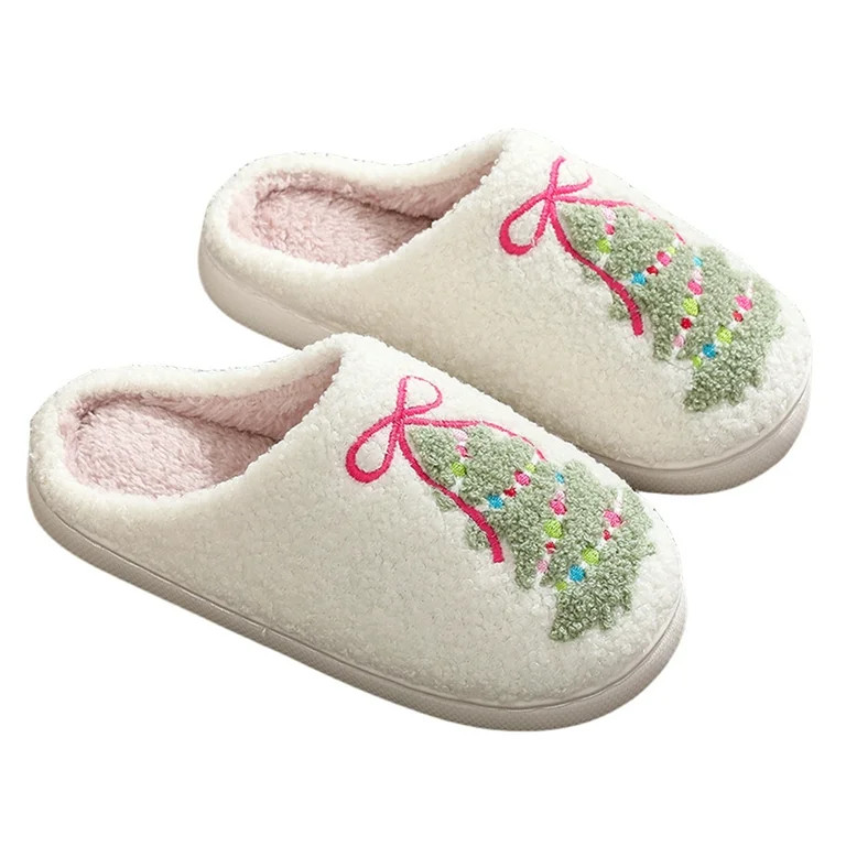 HUISZJ Christmas Tree Pattern Slippers - Closed Toe Comfortable Home Warm Plush Shoes with Bow De... | Walmart (US)