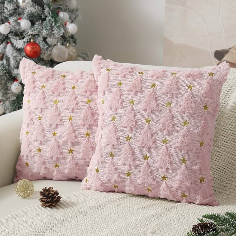 Christmas Pillow Covers 18 x 18 inch Set of 2 Pink Christmas Tree Pillow Covers Decorations Plush... | Amazon (US)