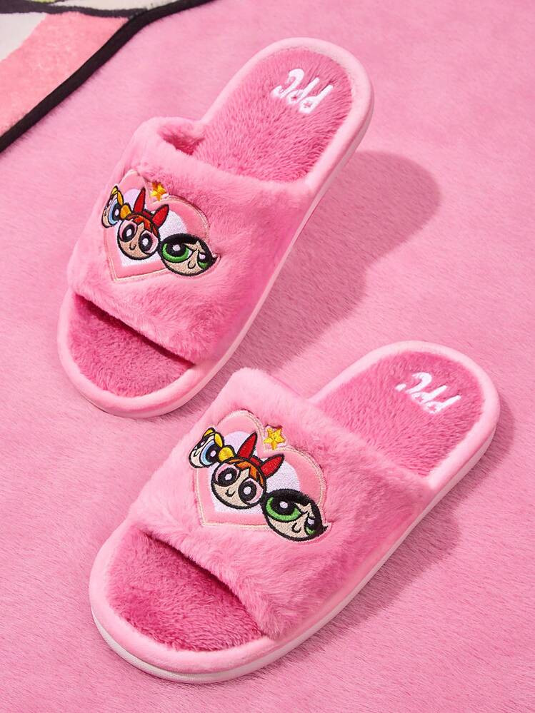 THE POWERPUFF GIRLS X SHEIN Women's Cute Cartoon Figure Embroidered Open Toe Plush House Slippers... | SHEIN
