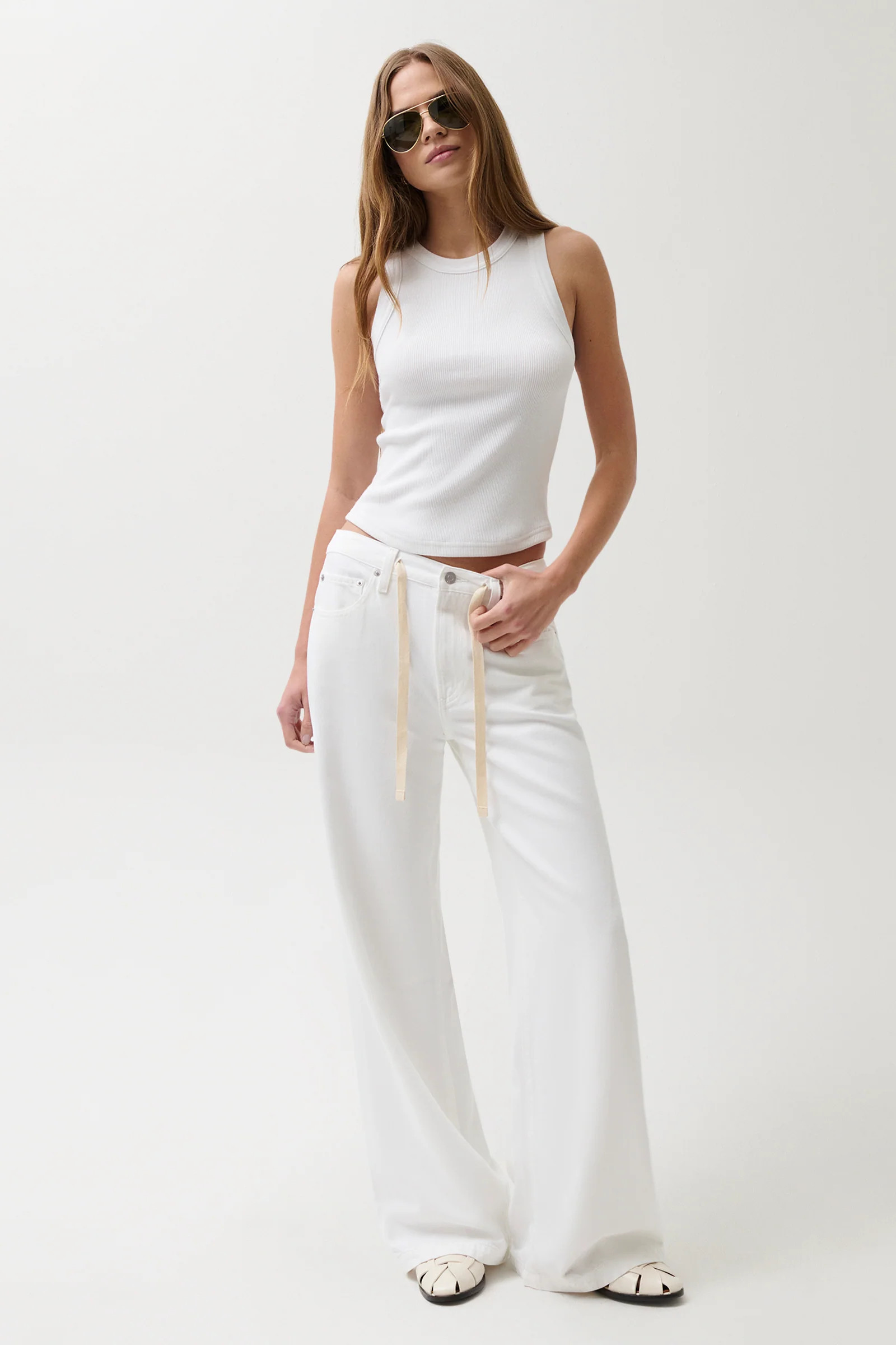 Jadyn Mid Rise Drawstring Palazzo Jean - Optic White | Pistola Denim
