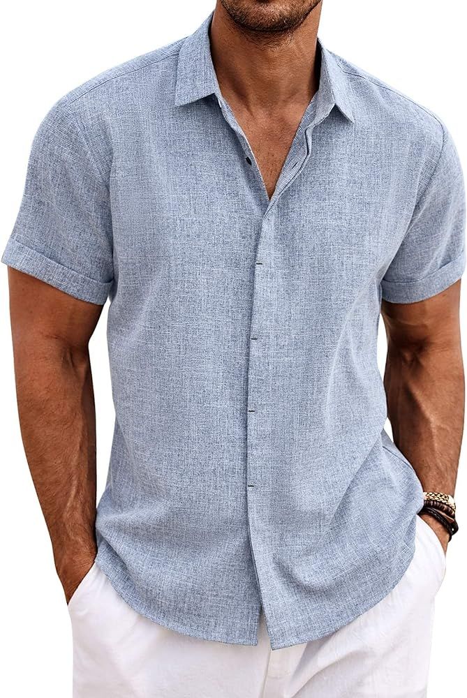 COOFANDY Men's Linen Shirts Short Sleeve Casual Shirts Button Down Shirt for Men Beach Summer Wed... | Amazon (US)