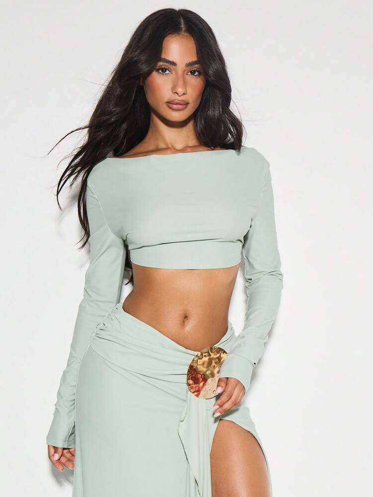 KIZN Long Sleeve Backless Boat Neck Crop Top Silky Smooth Party Evening Club Knot Front Summer Spring Fall Fashion Elegant | SHEIN