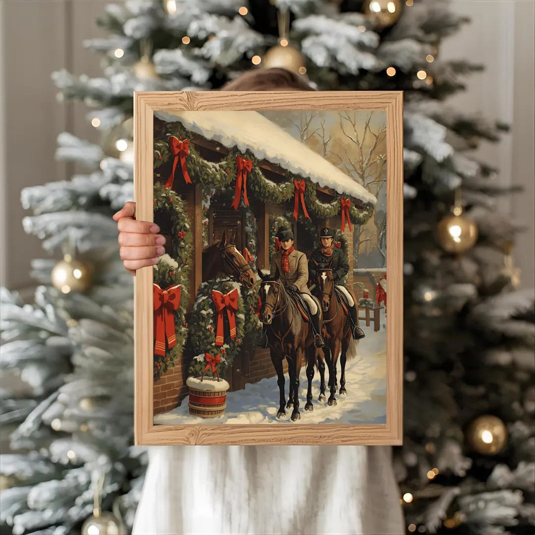 Ralph Lauren Style Equestrian Christmas Wall Art | Horse Riders Holiday Decor | Cozy Winter Stabl... | Etsy (US)