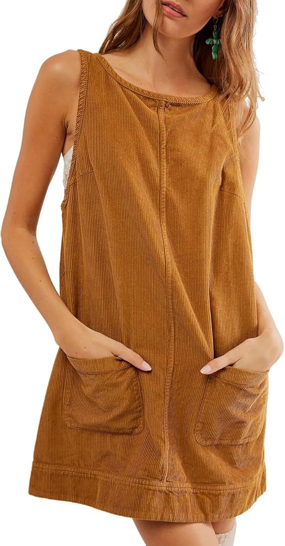 Gacaky Women's Corduroy A Line Jumper Dress Overall Mini High Roller Skirtall with Pockets | Amazon (US)