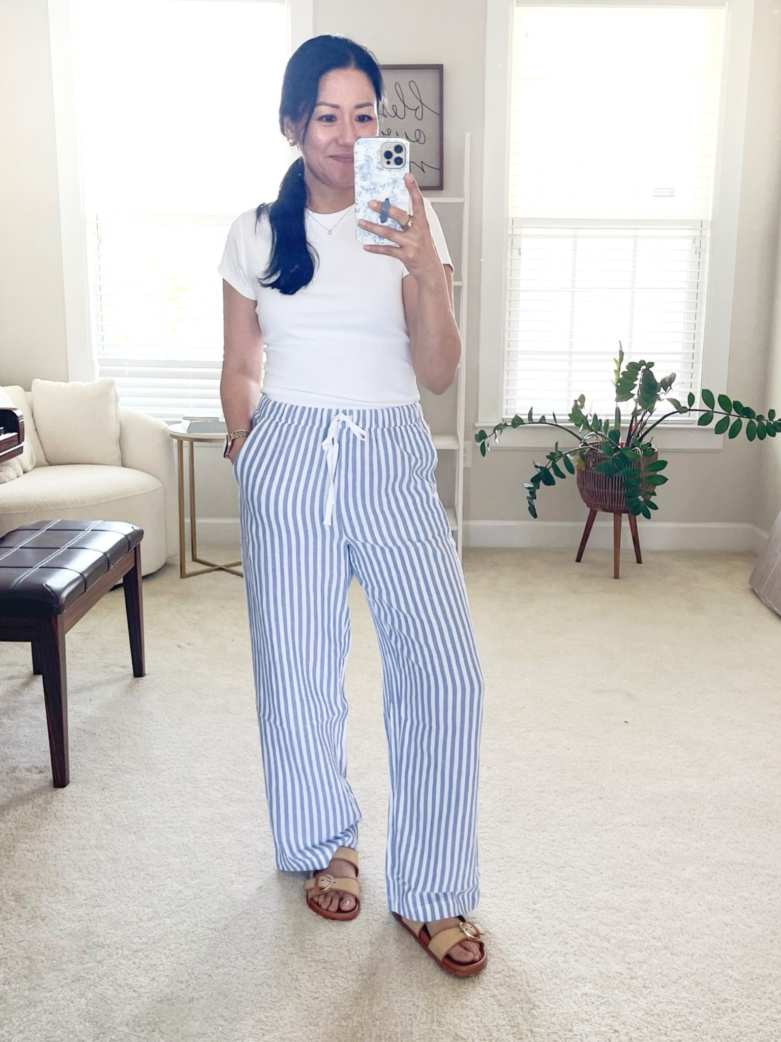 Size small tee
Size 4 pants
Sandals are true to size

Spring outfit
Cotton gauze
White cotton tee
Summer sandals

#LTKSeasonal #LTKSaleAlert #LTKOver40