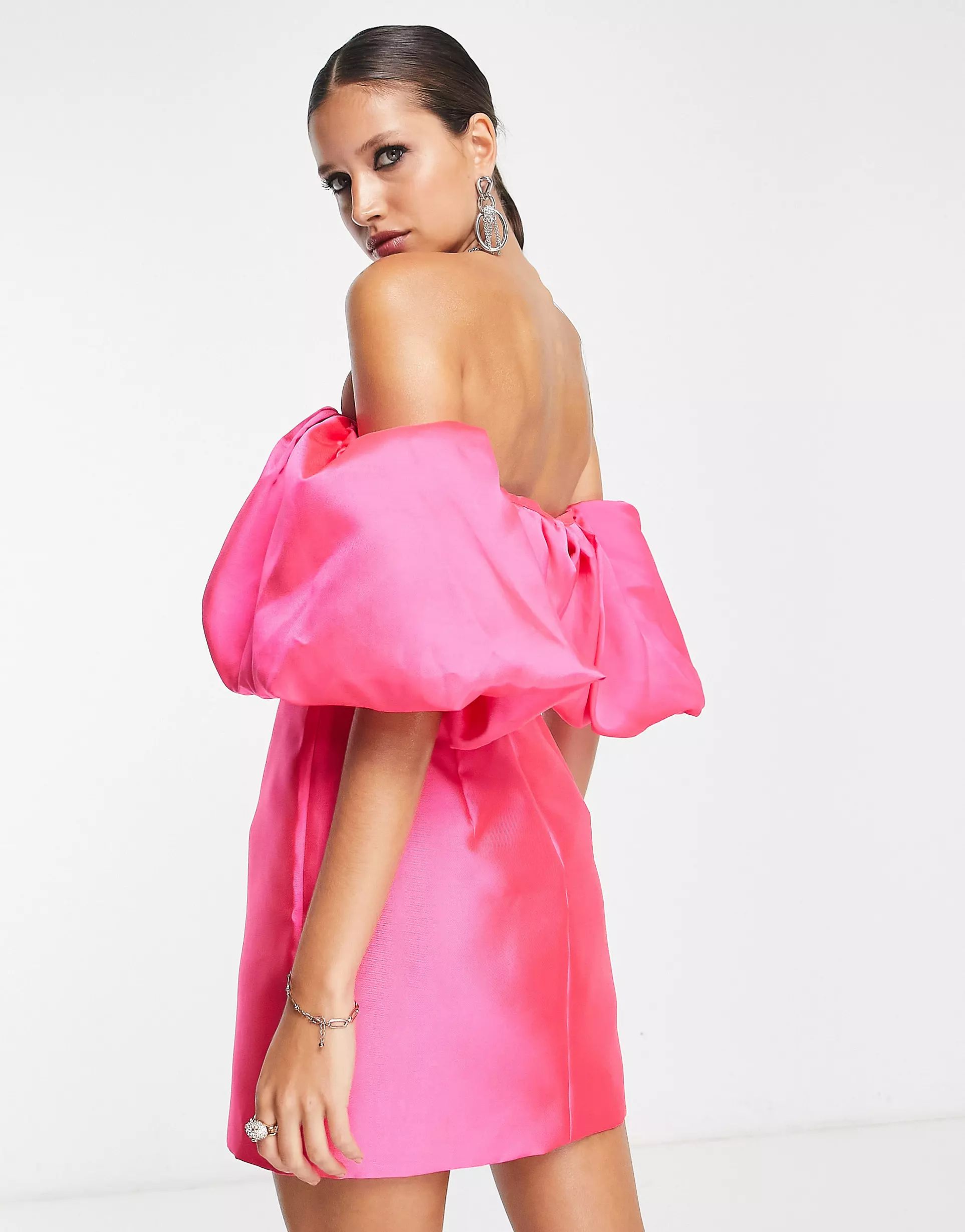 ASOS EDITION volume sleeve satin mini dress in hot pink | ASOS (Global)