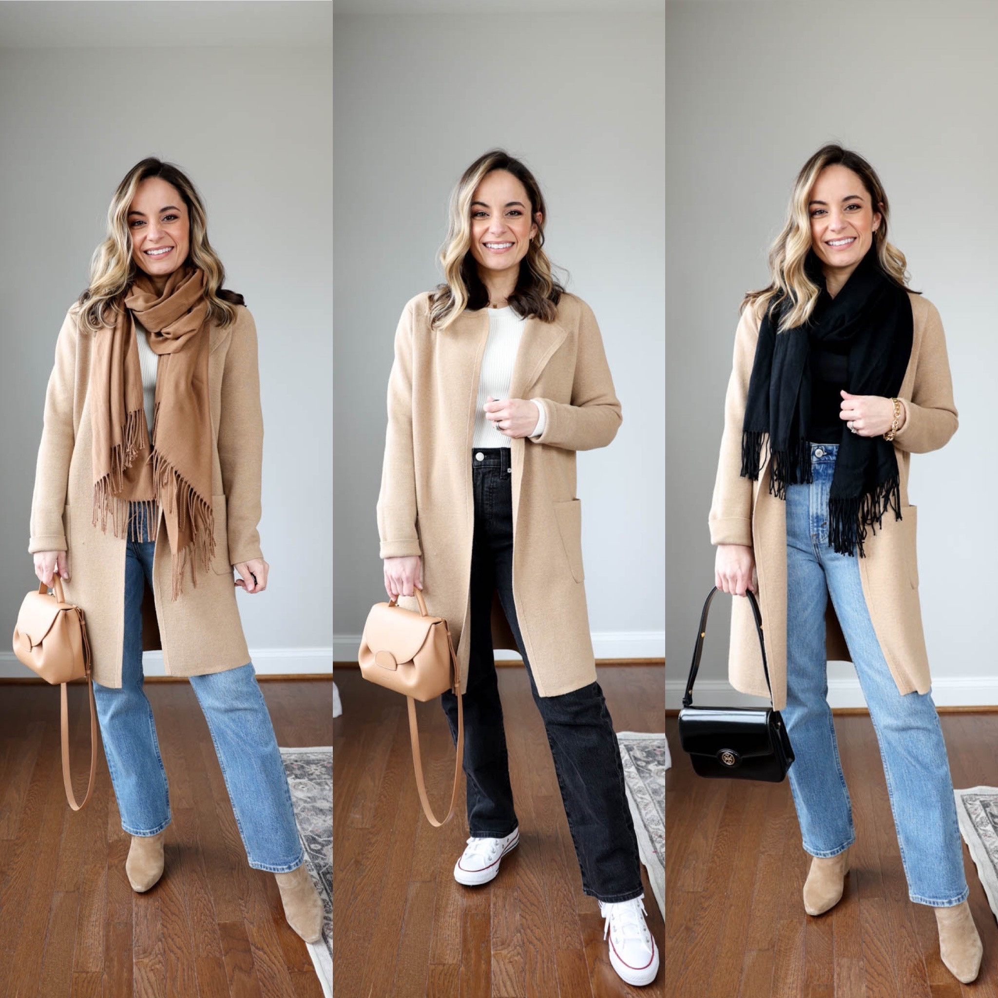 8 items 10 casual outfits! 

Abercrombie jeans: wearing in 24 extra short in “medium” 
Madewell Jeans: wearing in petite 24 
J.crew Juliette Sweater: xxs 
Abercrombie Dad Coat: petite xxs (I cuff the sleeves under) 
Abercrombie Blazer Coat: petite xxs 
J.Crew Emilie Sweater: xs (size up) 
Abercrombie ottoman top: xs 
J.Crew Perfect Shirt (in black): xs 

Shoes are all tts 
Tan bag is from polene and can’t be linked through LTK (it’s the un nano in textured tan 


My measurements for reference: 4’10” 105lbs bust, waist, hips 32”, 24”, 35” size 5 shoe 