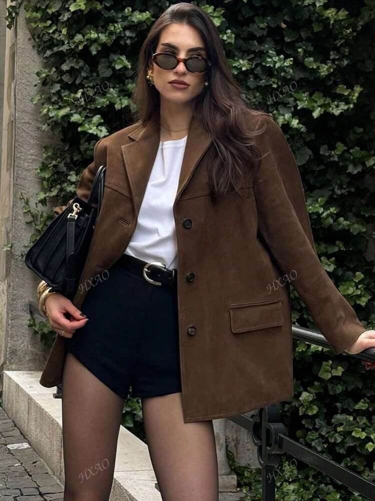 Chaqueta Vintage Para Mujer De Primavera Con Solapa, Bolsillos, Manga Larga, Abotonadura Sencilla, Color Marrón, Estilo Blazer Y Abrigo De Mujer Con Diseño Antiguo | SHEIN