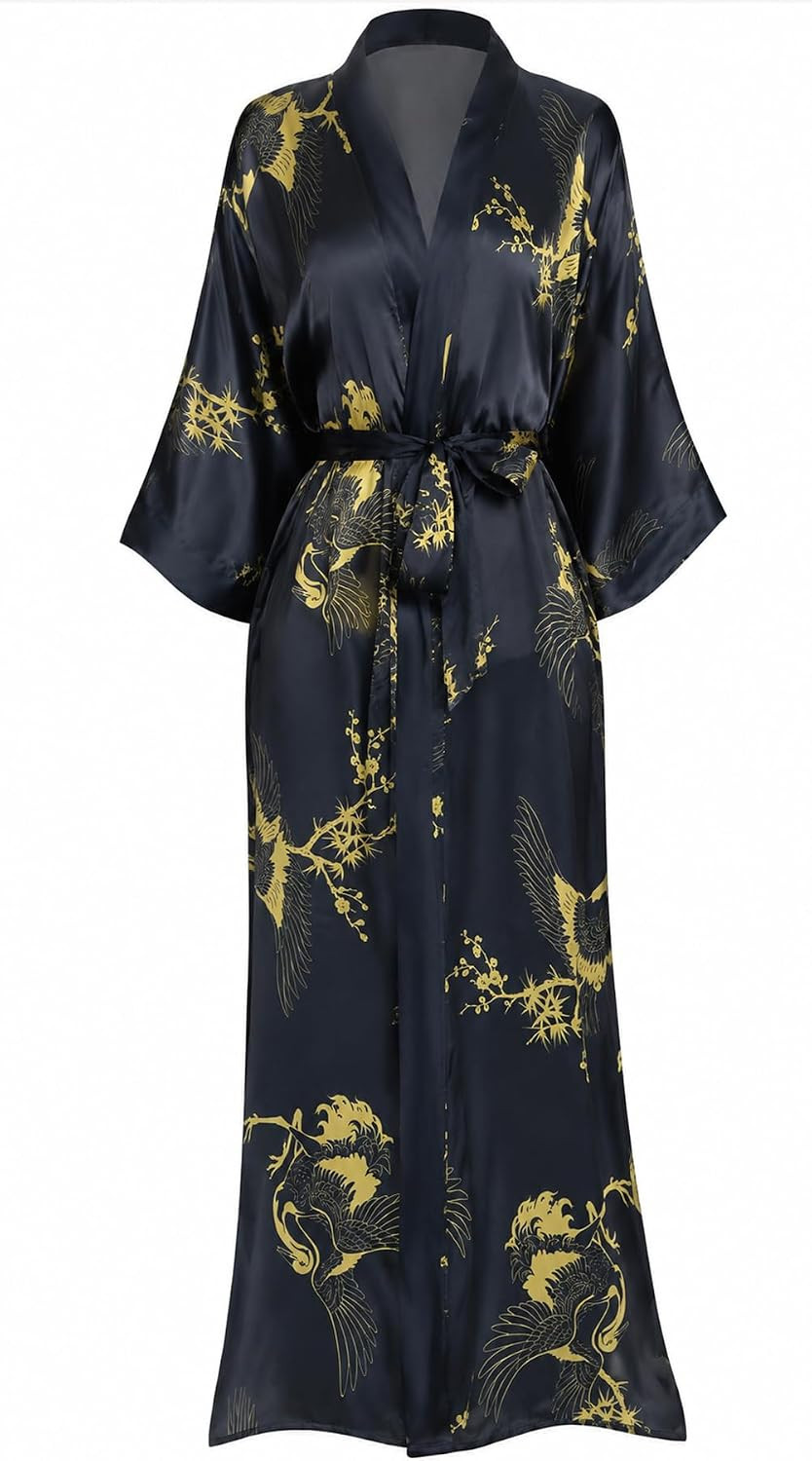 Aensso Long Floral Kimono Robe for Women Silky Lightweight Satin Lounge Robe with Elegant Drape for Bridal, Spa& Lounging | Amazon (US)