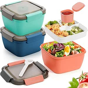 Youeon 3 Pack Salad Lunch Container to Go with 3 Compartment Tray, 52 Oz Bento Lunch Box with Spo... | Amazon (US)