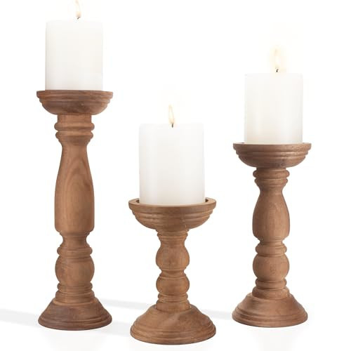 Farmhouse Wooden Candle Holders for Pillar Candles Set of 3, Rustic Wood Candle Holder Table Centerpiece Decor, 12'' 9'' 6'' Vintage Tall Candle Stand Decorative, Brown | Amazon (US)